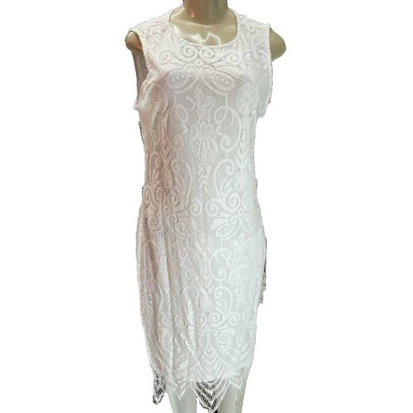 Sharagano 10 White Lace Lined Zip Back Scallop Hem Sleeveless Below Knee Dress - Picture 2 of 7